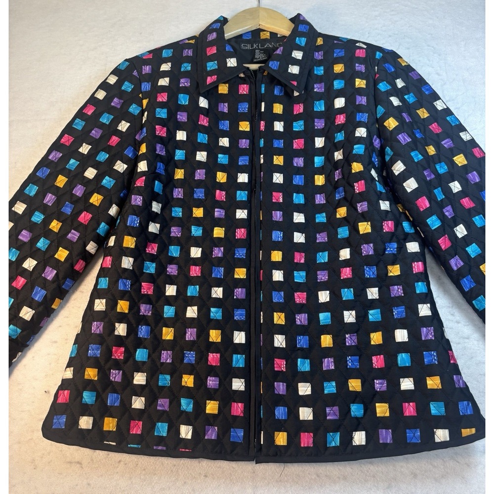 SILKLAND Black Multi Colored Full Zip Quilted Silk Jacket L Artsy Teacher